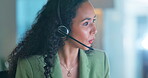 Friendly, call center and night with black woman in office for customer service, technical support or hotline. Contact us, communication and advisory with employee talking for sale, crm or overtime