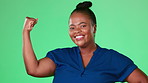 Black woman muscle flex isolated on studio background or green screen for power, strength and hard work. Face of model or person with empowerment, feminism or strong hand or arm for energy motivation