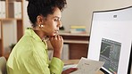 Office, woman at desk and computer with charts, statistics and small business growth review in Brazil. Project development, employee working on administration and lead generation performance metrics.