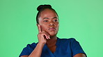 Thinking, wondering and black woman with a decision, choice and idea isolated in a studio green background. Contemplating, question and serious person considering a thought or inspiration in her mind