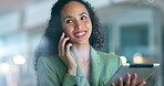 Phone call, tablet and a business black woman talking while doing internet research for a project in the office at night. Mobile, contact and communication with a female employee chatting at work