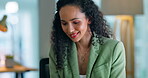 Happy woman, computer or phone call in night office for networking, b2b collaboration or small business planning. Smile, talking or working late employee on mobile communication or contact technology