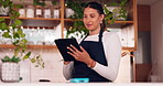 Happy woman or barista on tablet for small business owner, social media update and startup sales promotion. Waitress or retail person laugh on digital technology for coffee shop or restaurant online