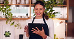 Cafe barista or happy woman on tablet for ecommerce, online services and restaurant sales promotion. Small business owner, waitress or retail person on digital technology for coffee shop or cafeteria