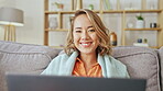 Couch, laptop and asian woman face for happy home, film or movie streaming service, internet and online website. Portrait of young person in China on her computer and living room sofa for cozy break