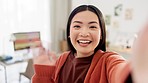 Happy influencer, face or live streaming selfie of home office for social media app, content vlog or interior design blog. Smile, portrait or talking asian woman in wave for internet channel audience