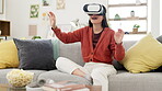 VR, gaming goggles and woman on couch for metaverse, futuristic video games and cyberpunk experience at home. Virtual reality glasses, digital high tech and happy young person or 3d gamer on sofa