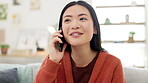 Woman, face with phone call and communication, talking with energy and excited with technology at home. Conversation, network and contact, Asian female in living room, happiness and discussion