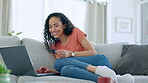 Black woman, laptop and credit card for ecommerce, online shopping or bank purchase on sofa at home. Happy African American female smile for internet banking on computer relaxing on living room couch