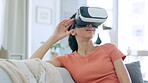 VR goggles of happy woman on sofa in metaverse, futuristic video games and cyber punk 3d experience at home. Virtual reality, digital high tech and young biracial person or gamer vision in lens flare