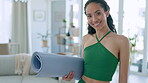 Black woman, face and smile for yoga, spiritual wellness or getting ready for zen workout in living room at home. Portrait of happy African American female yogi smiling with mat for calm exercise