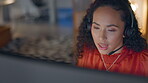 Black woman, call center and consulting on computer in customer support, service or telemarketing at office desk. African American female consultant talking with headset on desktop PC for online help