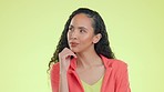 Thinking, decision and hands on face by woman in studio for contemplating, choice and wonder on yellow background. Brainstorming, idea and girl with contemplation, thought and solution emoji isolated