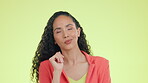 Idea, thinking and solution with biracial woman in studio for decision, brainstorming and answer. Confident, natural and choice with girl isolated on yellow background for considering and question