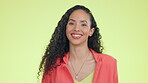 Portrait, comic and laughing with a woman on a yellow background in studio feeling funny. Face, comedy and joking with an attractive young female enjoying a goofy laugh or silly humor alone indoor