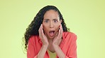 Shock, face and a woman listening to gossip isolated on a yellow background in a studio. Wow, bad news and a portrait of a expressive girl hearing a crazy rumor, secret and surprise on a backdrop