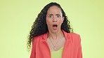 Shocked, face and woman in studio with wow, omg and expression or news, gossip or rumor on yellow background. Portrait, wtf and confused lady with emoji gesture, emotion and worry while isolated