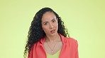 Face, what and black woman in studio with shy, why and embarrassed expression against yellow background. Portrait, hand and girl hiding feelings, shocked and nervous emoji while posing isolated