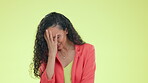 Disappointed, annoyed and businesswoman with stress, upset or angry isolated against a studio green background. Employee, corporate or professional sad, unhappy and frustrated due to mistake