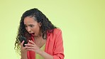 Winner, surprise and celebration of woman with phone in studio isolated on a background. Shock, wow and happy or excited face with mobile for winning, lottery or competition, good news or success.