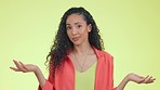 Face, confused and woman with doubt, shrugging and questioning against a studio background. Portrait, female and lady with gesture for uncertainty, confusion and unsure with reaction or body language