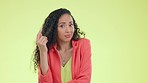 Face, confused and woman with doubt, shrugging and question against a studio background. Portrait, female and lady with unsure body language, thoughts and uncertain with decision, choice and reaction