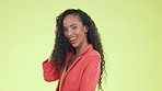 Attitude, happy and portrait of a woman with style isolated on a yellow background in a studio. Smile, confident and face of a young girl with happiness, fashion elegance and sassy on a backdrop