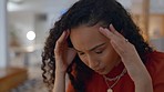 Black woman, laptop and headache in stress, financial crisis or debt looking at paperwork in frustration at home. Upset African American female freelancer in remote work on computer with bad news