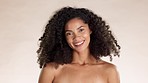 Face, skincare and black woman with body care, funny confident on studio background. Portrait, African American female and lady with cosmetics, beauty and wellness with smile, soft and smooth skin