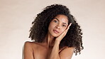 Beauty, skincare and face of black woman in studio for cosmetics, satisfaction and self love. Cosmetics, confident and natural glow with model for clean, dermatology and spa on brown background 