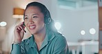 Contact us, call center and happy Asian agent in a telecom communications company helping clients with questions. Smile, faq or insurance sales agent working in customer support talking or speaking 