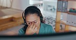 Tired, headache or call center agent with burnout is overworked from telemarketing deadline at office desk. Asian, depressed or exhausted woman frustrated with crm stress, migraine pain or fatigue 