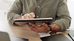 Tablet, business man hands and digital work of a financial analytics employee typing for research. Office, web analyst and fintech worker working on finance software development on a internet search