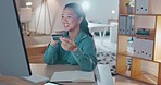 Asian woman, office and night with credit card, ecommerce and excited smile for discount. Corporate executive, online shopping sale and retail payment by workplace computer with happiness for fintech