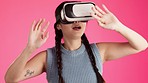 Vr headset, metaverse and woman with cyber virtual reality in a studio with web software. Isolated, pink background and young female gamer streaming fantasy games with user interface for gaming