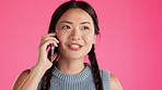 Asian woman, face or phone call on isolated studio background for networking, communication or contact. Smile, happy or talking student on mobile technology, storytelling or chatting app on backdrop