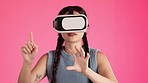 Vr headset, metaverse and woman playing virtual reality in a studio with web software. Isolated, pink background and young female gamer streaming fantasy games with user interface for gaming