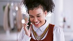 Business, happy and woman speaking on a phone call for networking, conversation and communication. Smile, laughing and corporate employee talking on a mobile, calling and answering a cellphone