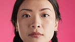 Asian woman, face or serious on isolated studio background in natural makeup, cosmetics or skincare lips product. Zoom, portrait or Japanese beauty model and hairstyle, facial expression or aesthetic