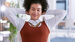 Happy woman on laptop stretching at her desk for relax, ecommerce or work life balance in fashion design studio. Online shop seller or black person calm, wellness and small business startup success