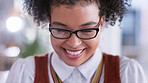 Happy, reading and a woman nodding her head for business, work and office tasks. Smile, looking and face of a young corporate secretary in an office for a project, duties and responsibilities