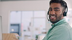 Call center, smile and face of man in office for consulting, communication and customer service. Happy, friendly and portrait of employee in sales agency for information, help desk and contact us