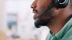 Call center, customer service and profile of man in office consulting for telemarketing. Telemarketer, face and happy male consultant, sales agent or employee with headset mic, discussion and talking