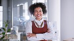 Face, business and black woman arms crossed, office or success with smile, leadership or career growth. Portrait, African American female employee or entrepreneur with management skills or motivation