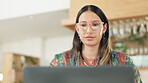 Business woman, laptop or glasses for reading report, startup email or review feedback in cafe, coffee shop or restaurant. Serious, employee or vision eyewear for remote work employee on technology