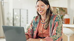Business woman, laughing or laptop typing in cafe for comic web design, startup logo or creative meme branding. Smile, happy or funny employee on remote work technology, joke research or comedy email