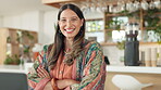 Laughing woman, face or arms crossed in cafe for small business pride, about us or confidence. Smile, happy or confident portrait for remote work employee on laptop tech in coffee shop or restaurant