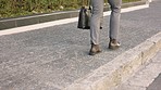 Shoes, travel and businessman walking on a sidewalk for appointment, schedule or work meeting. Feet, legs and professional working on daily commute walk, professional and effective time management