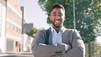 Happy, smile and business man in city for professional, commute and morning travel. Pride, confident and arms crossed with portrait of guy in urban town for positive, commitment and focus mindset