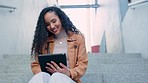 Smile, stairs and woman typing on tablet in city for social media, internet conversation and text message. Communication, network and happy girl on digital tech for online chat, research or website